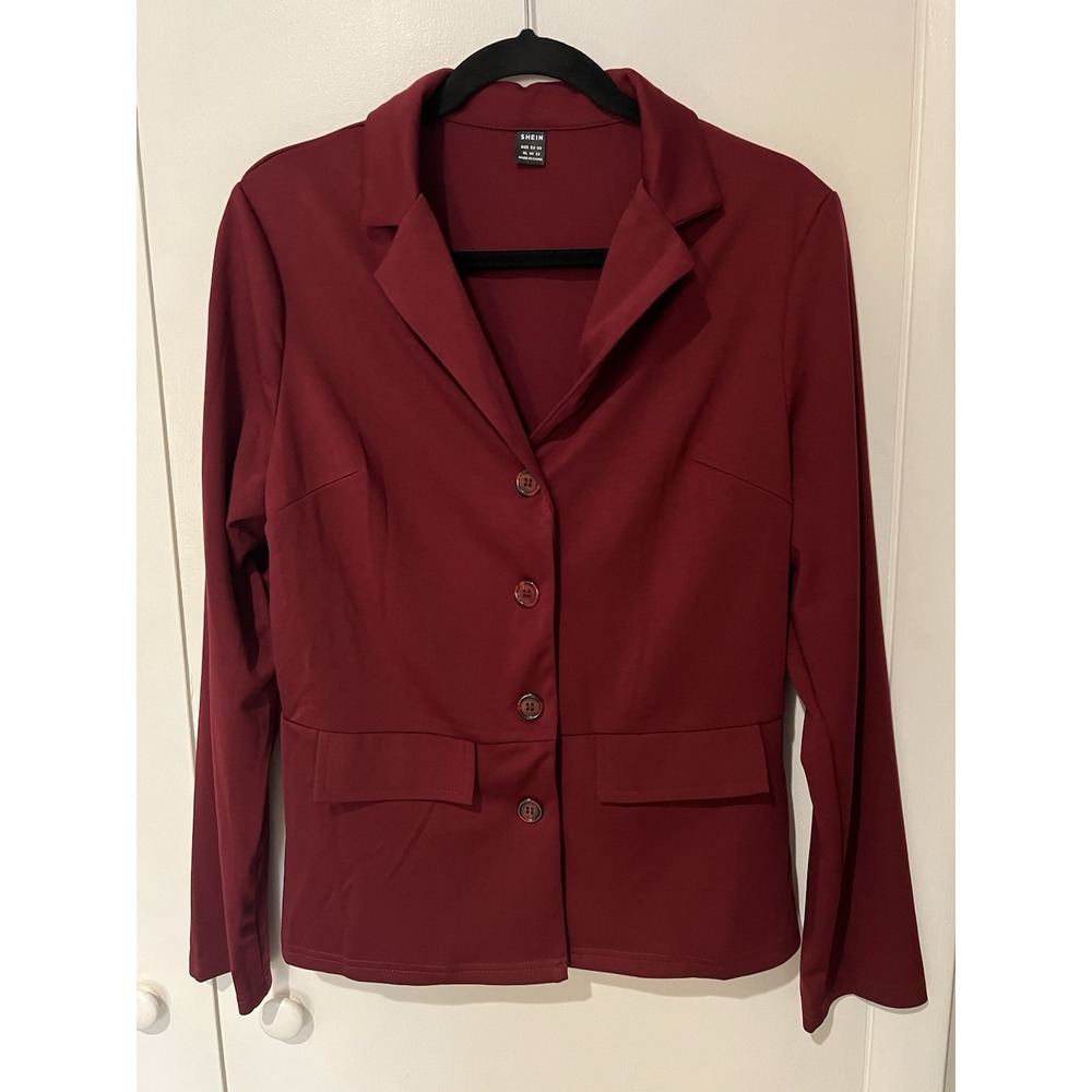 SHEIN Deep Red Knit Blazer Jacket Front Pockets Size XL Button Up